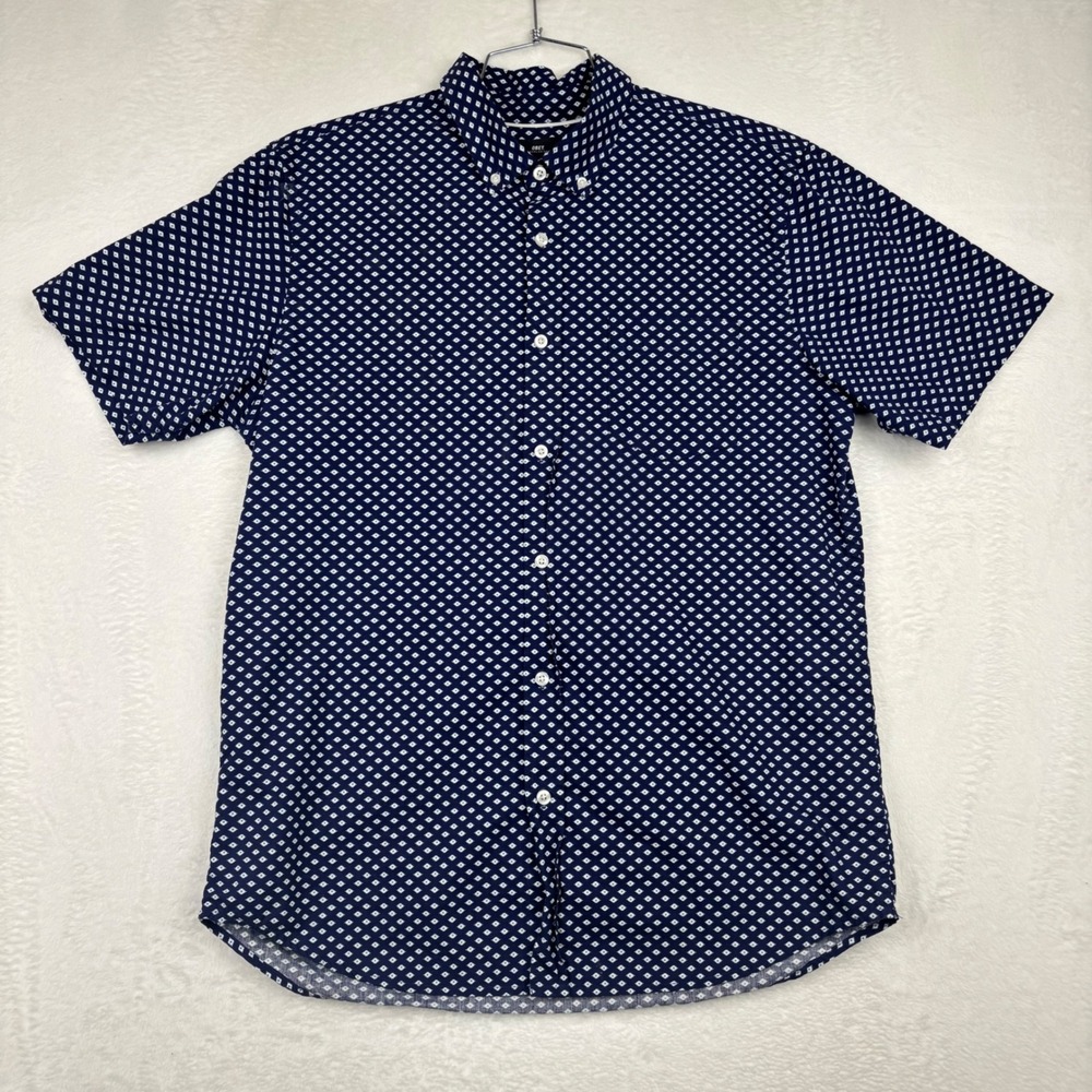 Obey Mens Large Navy Blue Geometric Diamond Print Short Sleeve Button Down Shirt